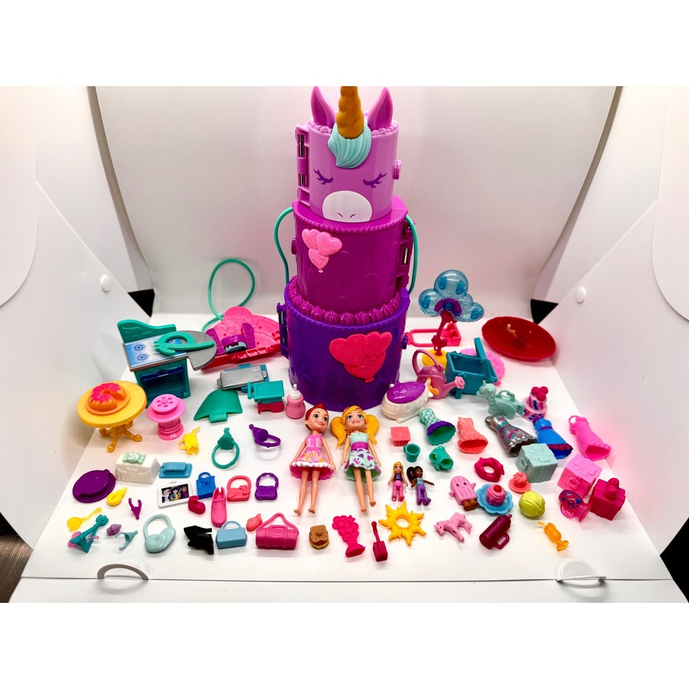 Polly Pocket Unicorn Party Playset 2021 Mattel HHJ10 Birthday Cake Doll Lot